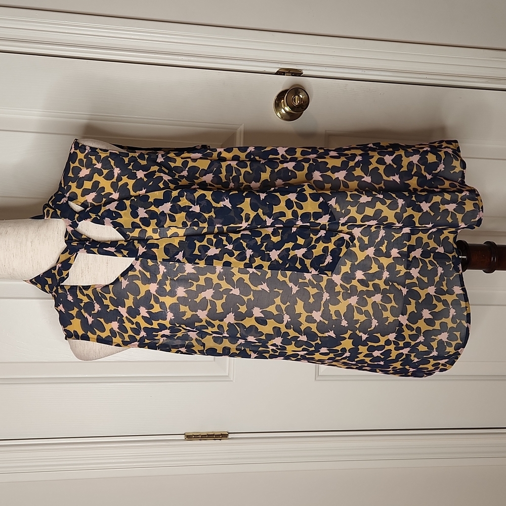 CAbi Flynn Tie Blue & Yellow Floral Sheer Blouse Top Size L
